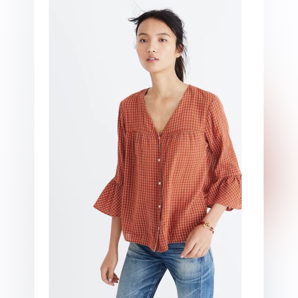 MADEWELL Veranda Bell-Sleeve Shirt in Windowpane